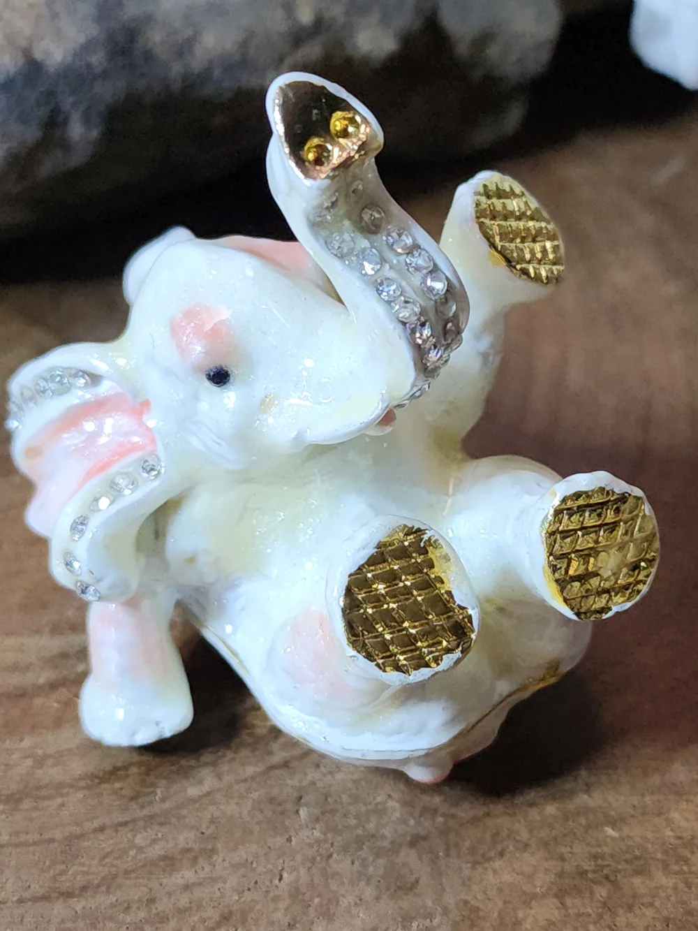 Dainty Little Elephant Trinket Box Jewelry Box with Gold And Rhinestone Accents